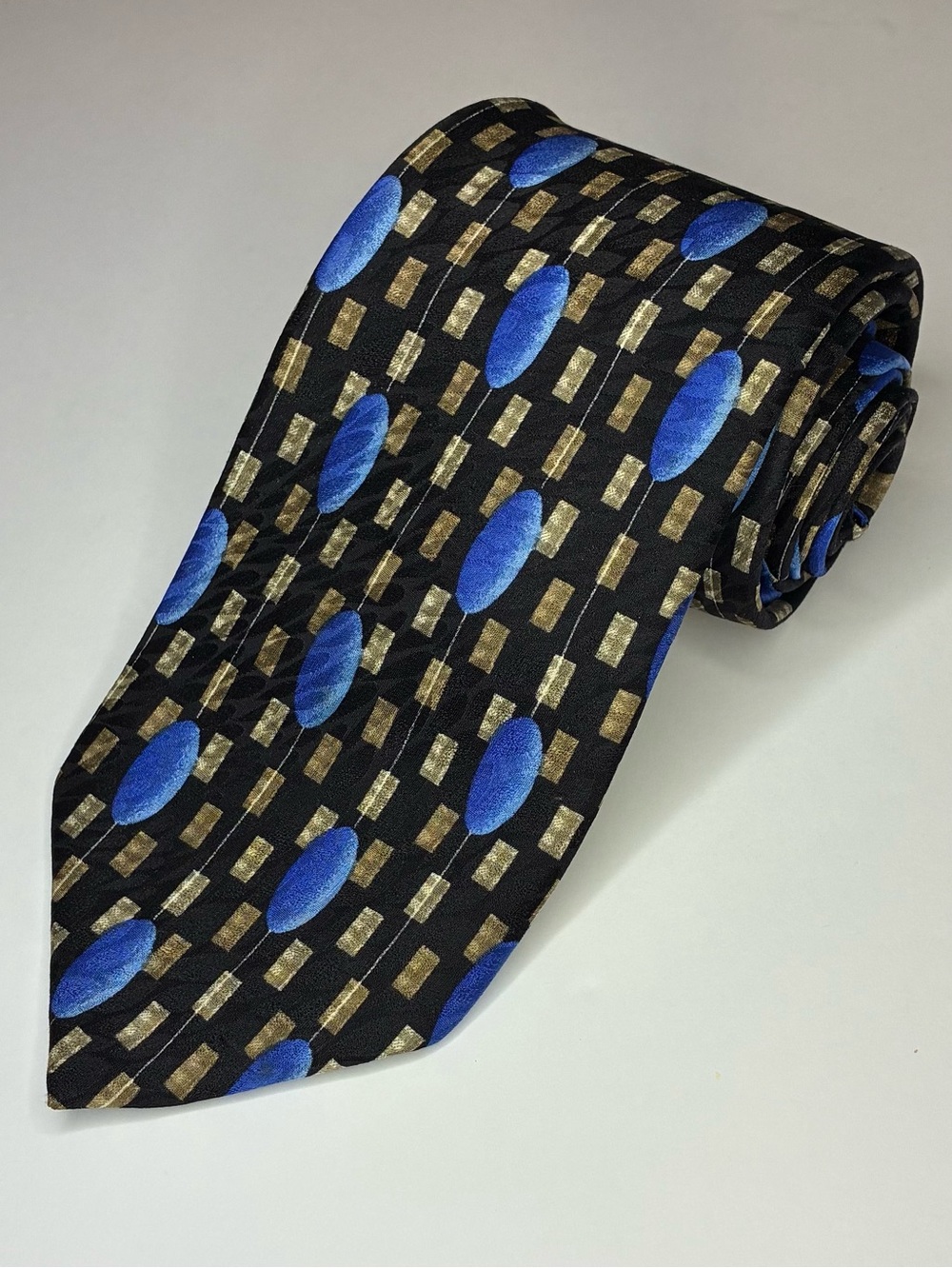 Carnaval de Venise Silk Tie Vintage Black Blue Oval Gold Geometric Pattern